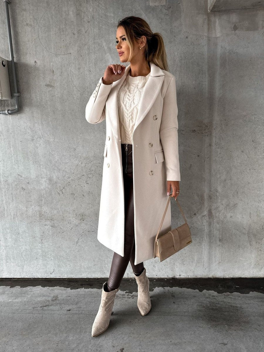 Luz | Abrigo Largo Cruzado Tacto Lana con Botones Dorados - Beige