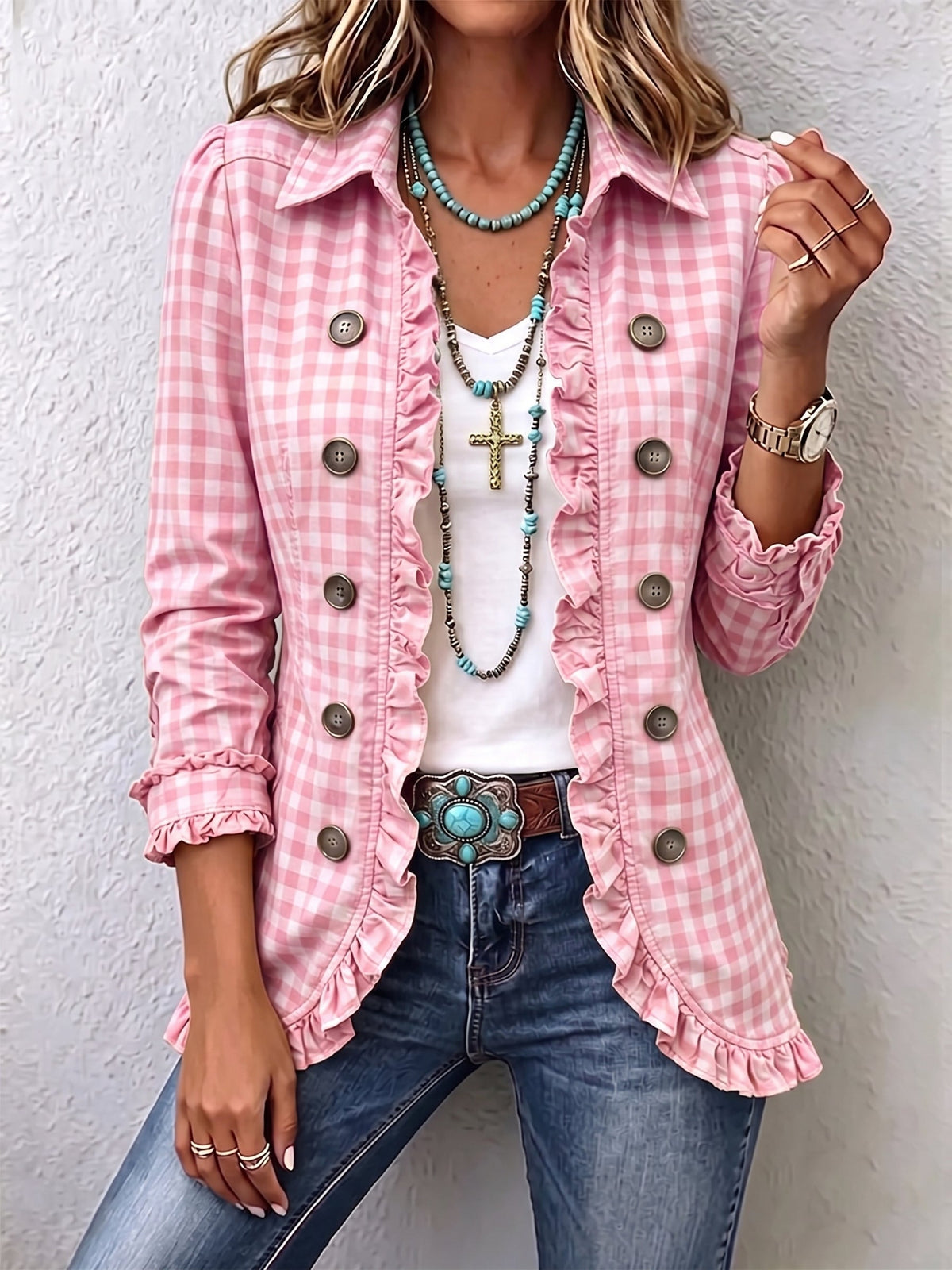 Mabel | Chaqueta de Cuadros Vichy con Volantes y Doble Botonadura - Rosa