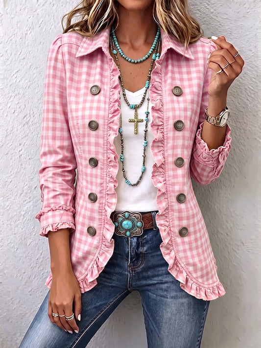 Mabel | Chaqueta de Cuadros Vichy con Volantes y Doble Botonadura - Rosa