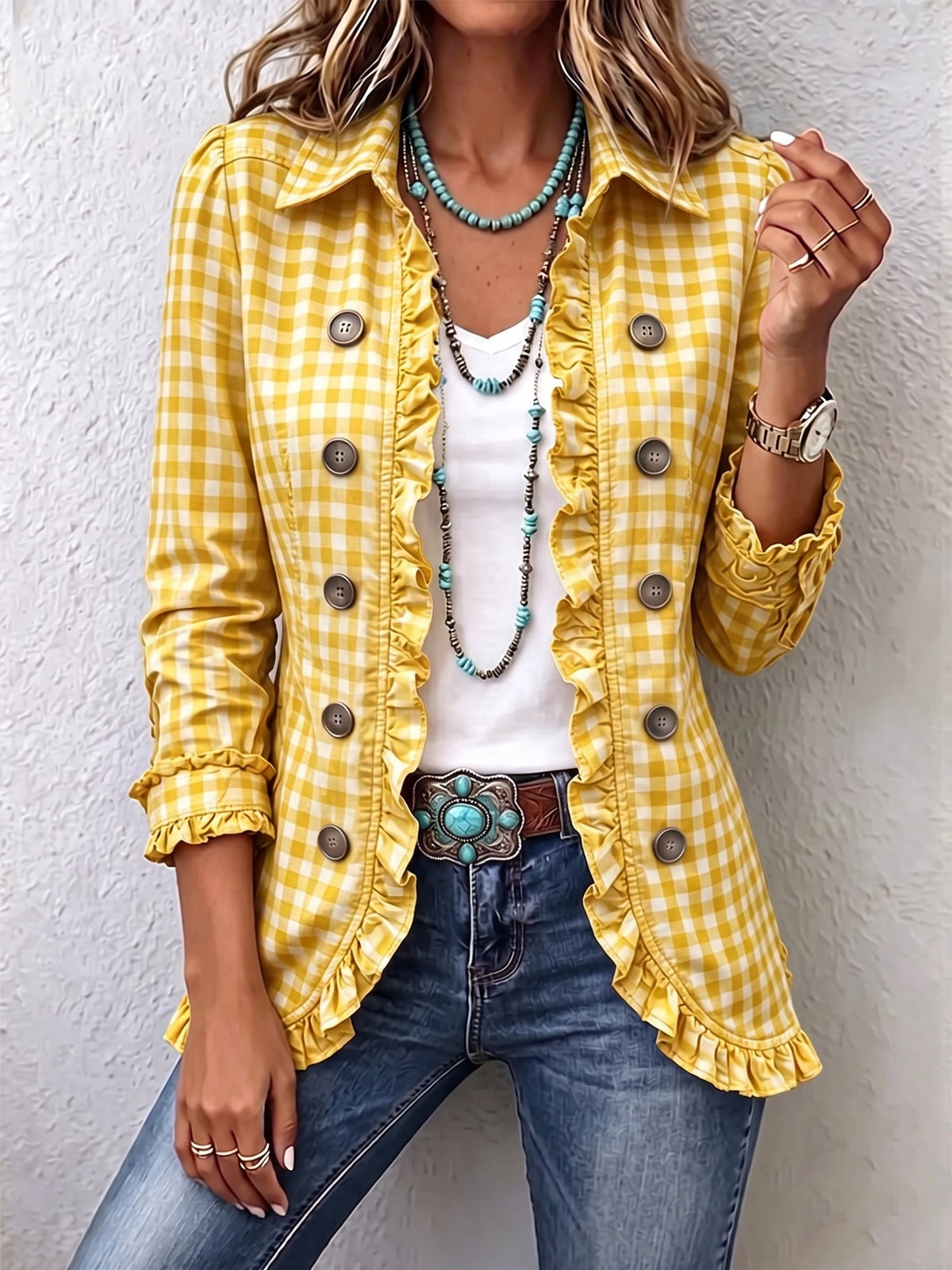 Mabel | Chaqueta de Cuadros Vichy con Volantes y Doble Botonadura - Amarillo