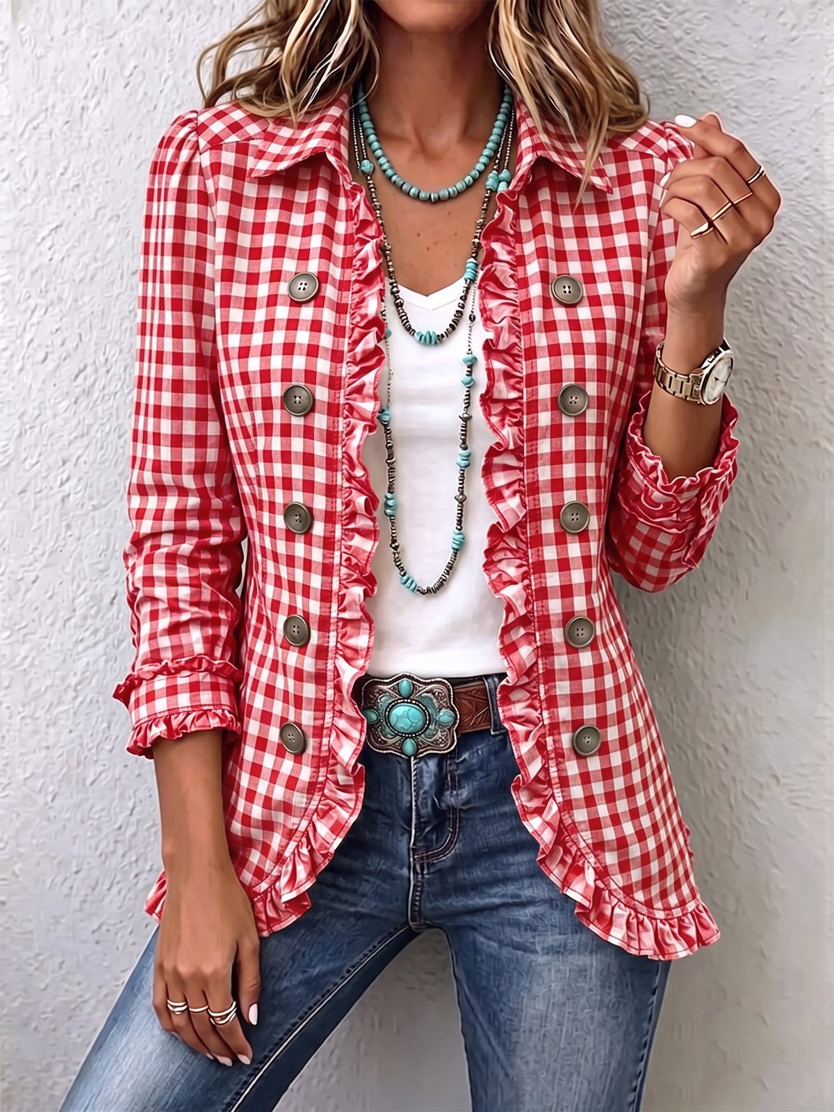 Mabel | Chaqueta de Cuadros Vichy con Volantes y Doble Botonadura - Rojo
