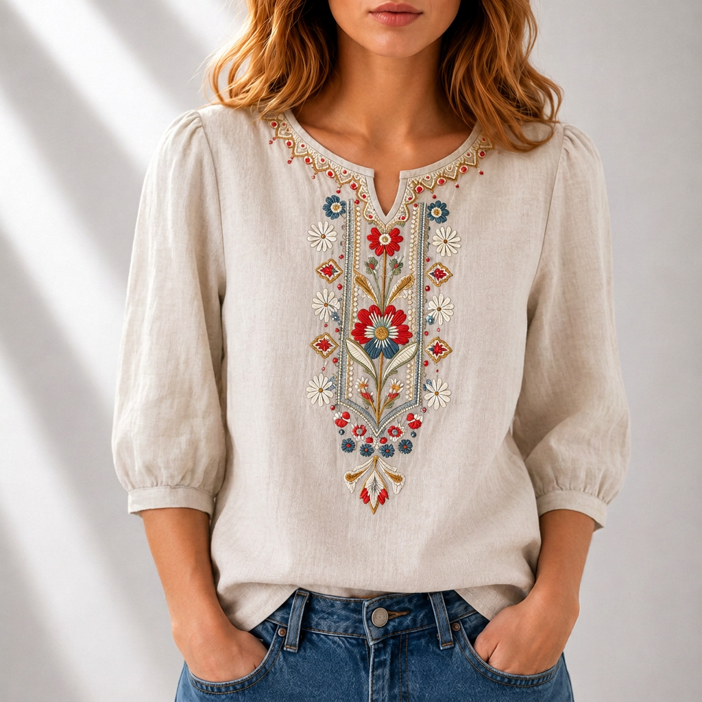Blusa bordado floral mujer algodón lino manga abullonada