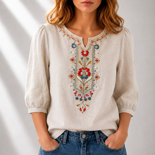 Blusa bordado floral mujer algodón lino manga abullonada