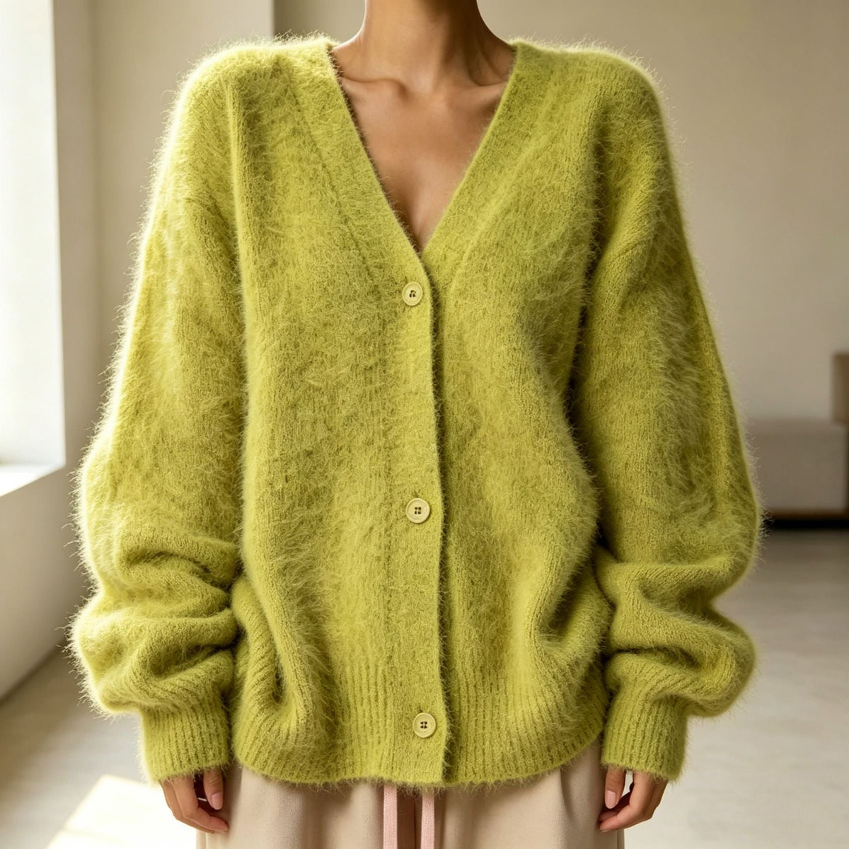 Maite | Cárdigan Holgado de Punto con Cuello en V y Botones - Verde Matcha