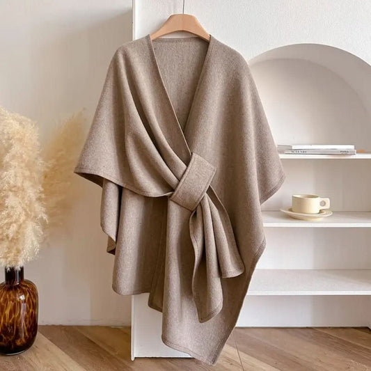 Marcia | Capa Abrigo Cruzada de Tejido Suave con Lazada para Mujer - Topo