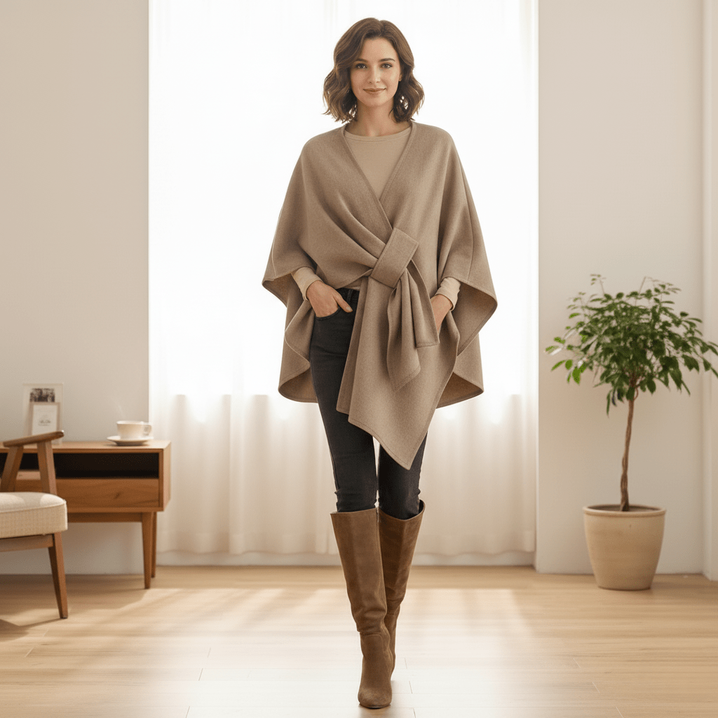 Marcia | Capa Abrigo Cruzada de Tejido Suave con Lazada para Mujer