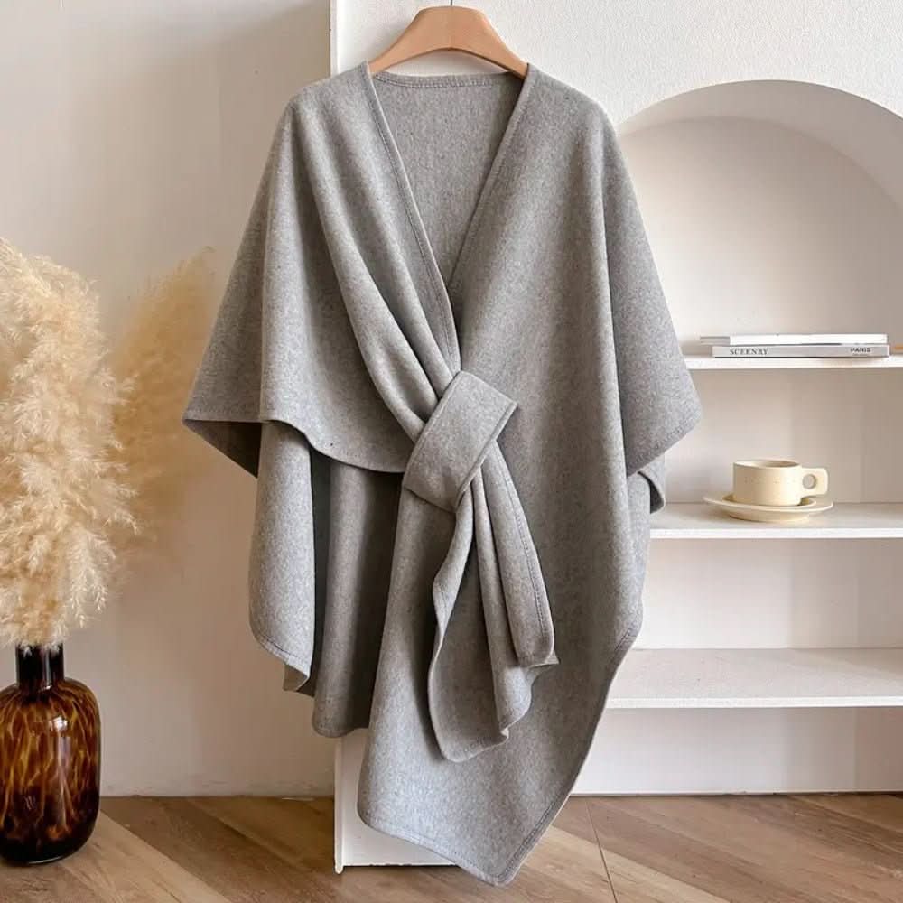 Marcia | Capa Abrigo Cruzada de Tejido Suave con Lazada para Mujer - Gris claro