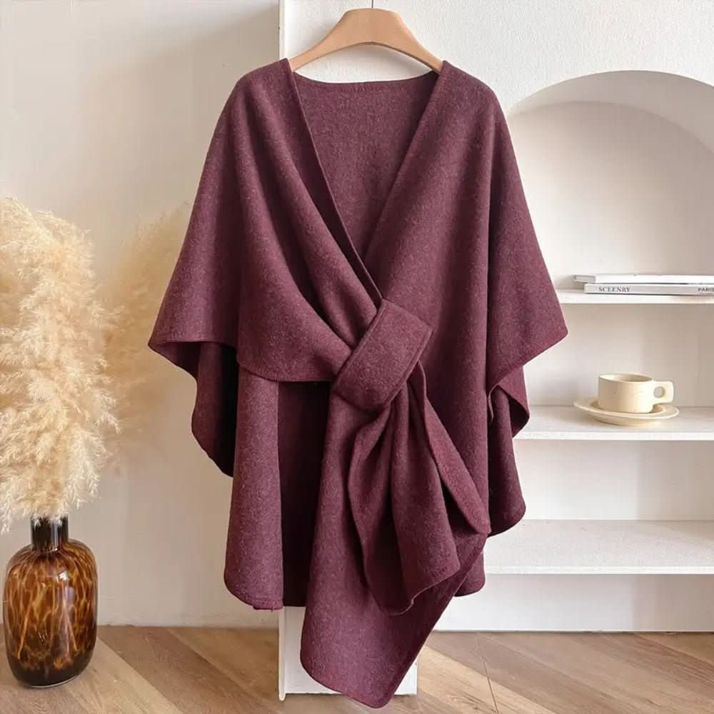 Marcia | Capa Abrigo Cruzada de Tejido Suave con Lazada para Mujer - Burdeos