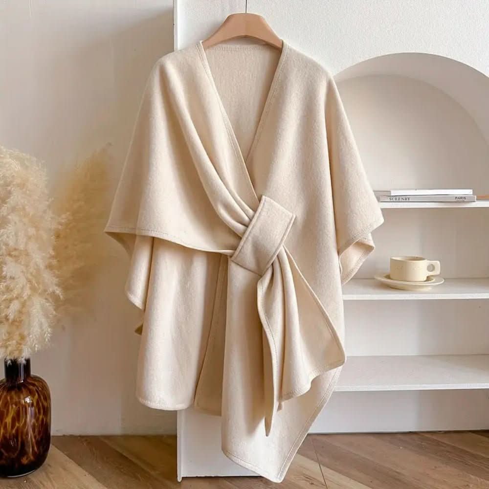 Marcia | Capa Abrigo Cruzada de Tejido Suave con Lazada para Mujer - Marfil