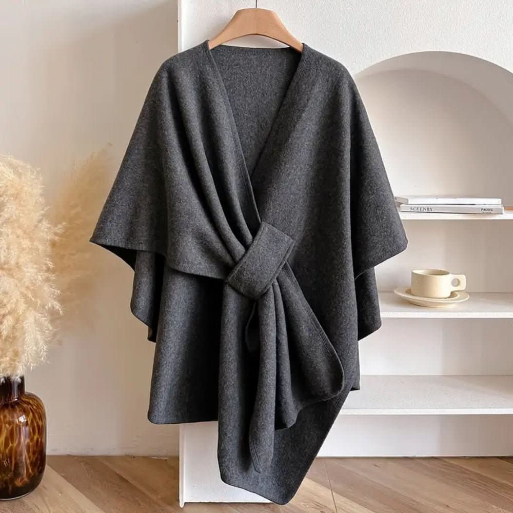 Marcia | Capa Abrigo Cruzada de Tejido Suave con Lazada para Mujer - Gris oscuro