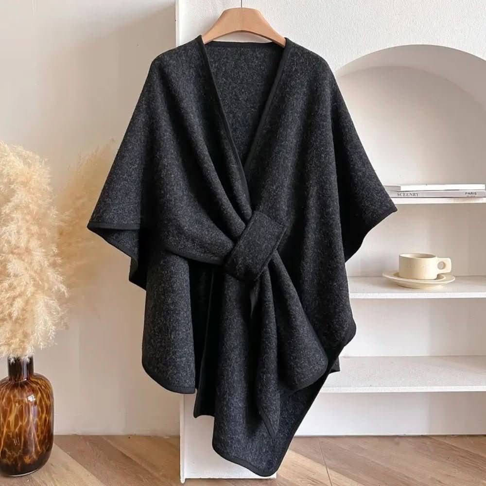 Marcia | Capa Abrigo Cruzada de Tejido Suave con Lazada para Mujer - Negro