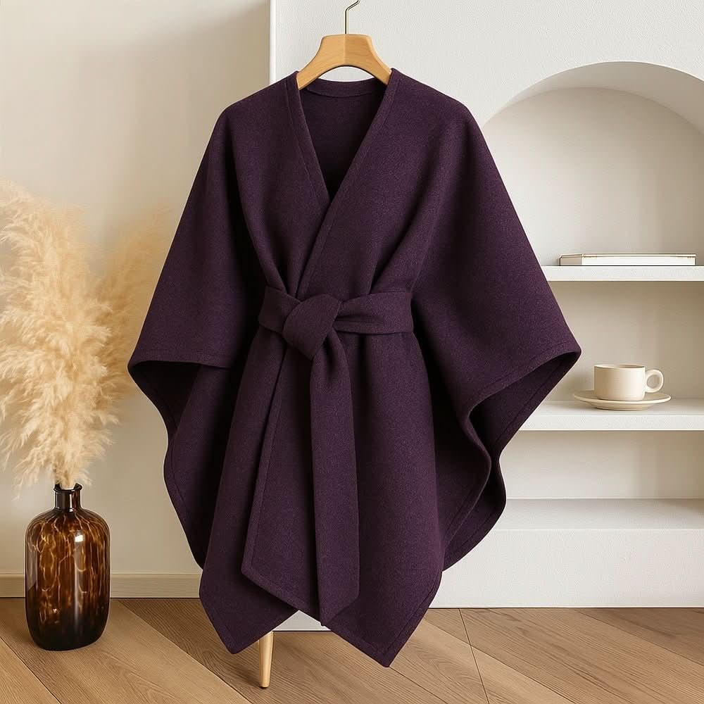 Marcia | Capa Abrigo Cruzada de Tejido Suave con Lazada para Mujer - Morado oscuro