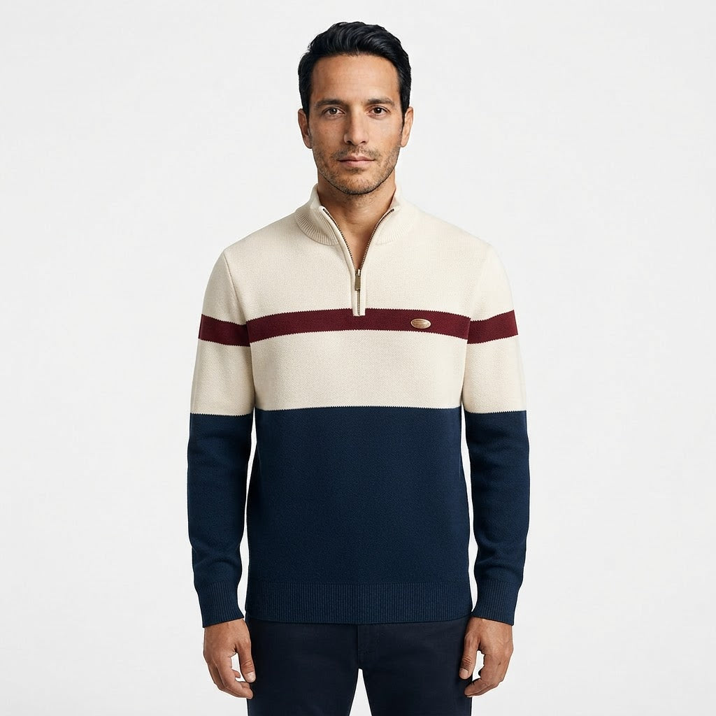 Mauro | Jersey de Punto con Media Cremallera y Bloques de Color para Hombre - Blanco