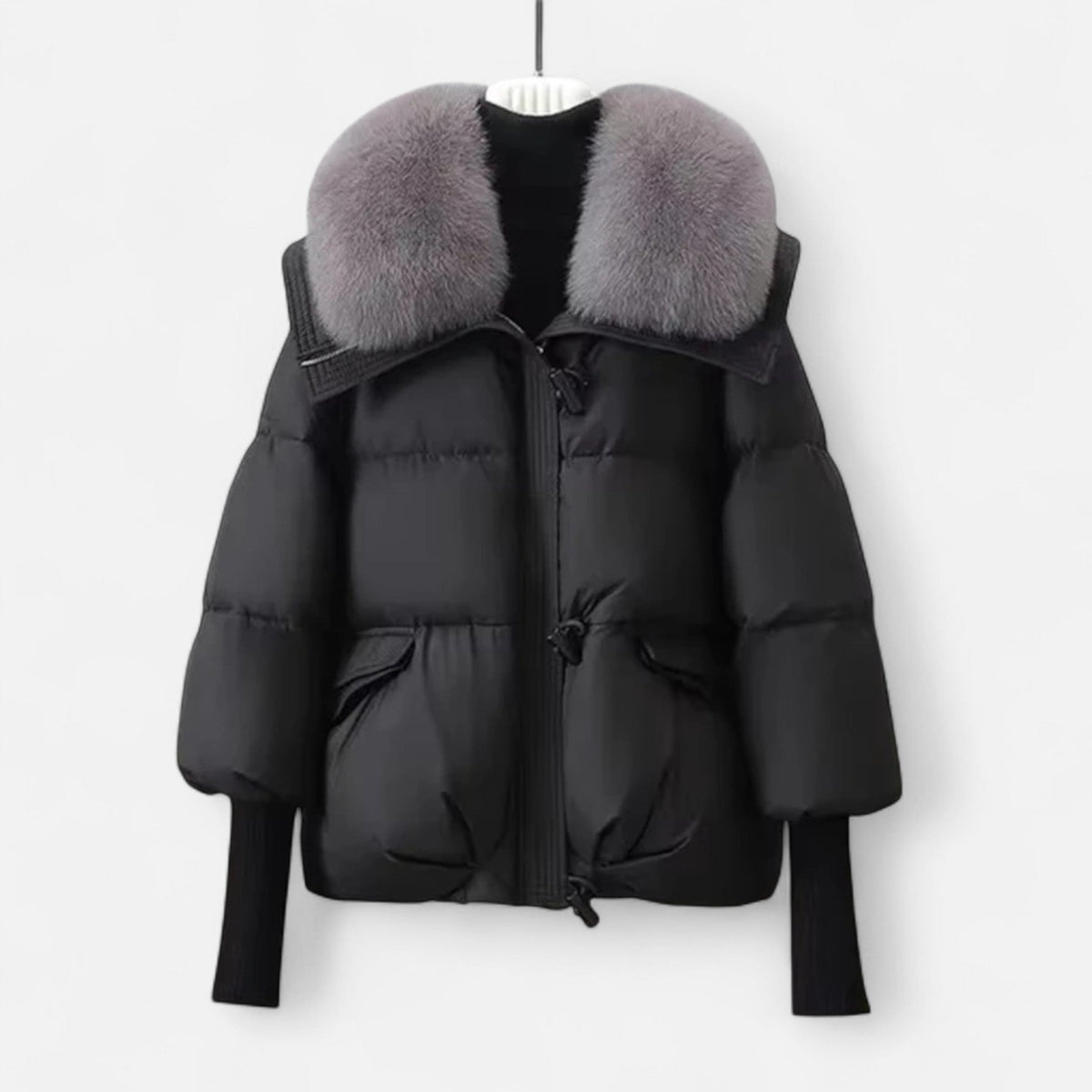 Abrigo Acolchado con Cuello de Pelo Sintético y Puños de Punto - Negro