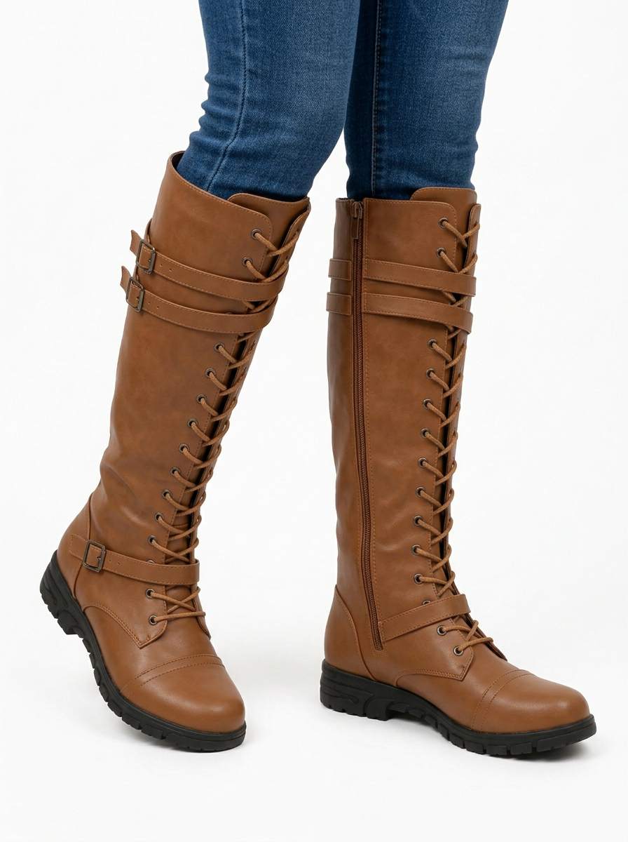 Miranda | Botas Altas de Cordones con Hebillas y Suela Dentada