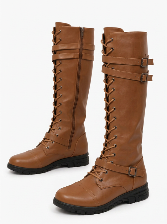Miranda | Botas Altas de Cordones con Hebillas y Suela Dentada - Marrón
