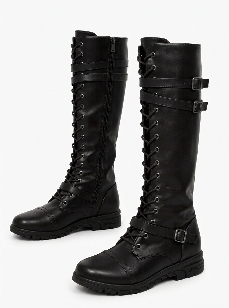 Miranda | Botas Altas de Cordones con Hebillas y Suela Dentada - Negro
