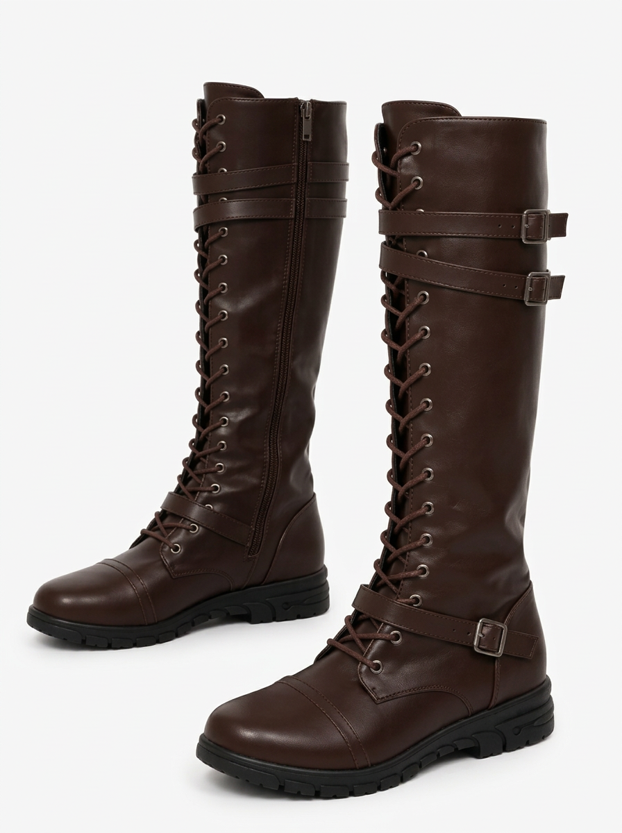 Miranda | Botas Altas de Cordones con Hebillas y Suela Dentada - Marrón oscuro