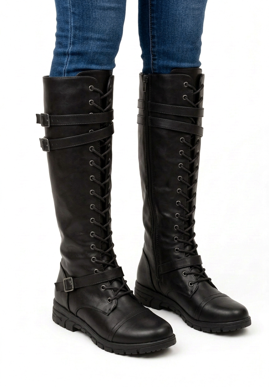 Miranda | Botas Altas de Cordones con Hebillas y Suela Dentada