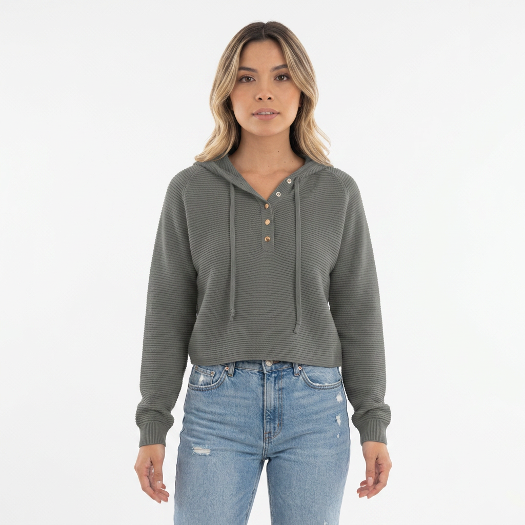 Jersey Corto de Punto Texturizado con Capucha y Botones - Gris