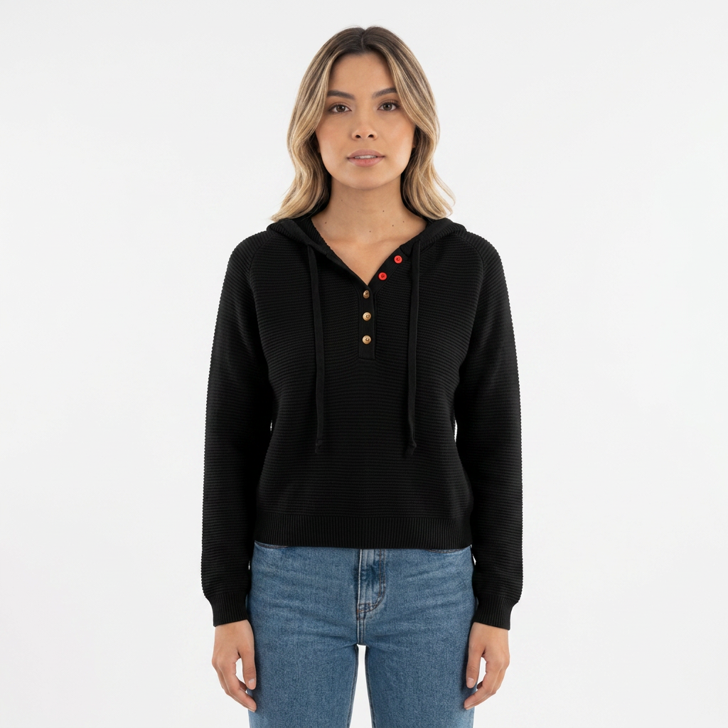 Jersey Corto de Punto Texturizado con Capucha y Botones - Negro