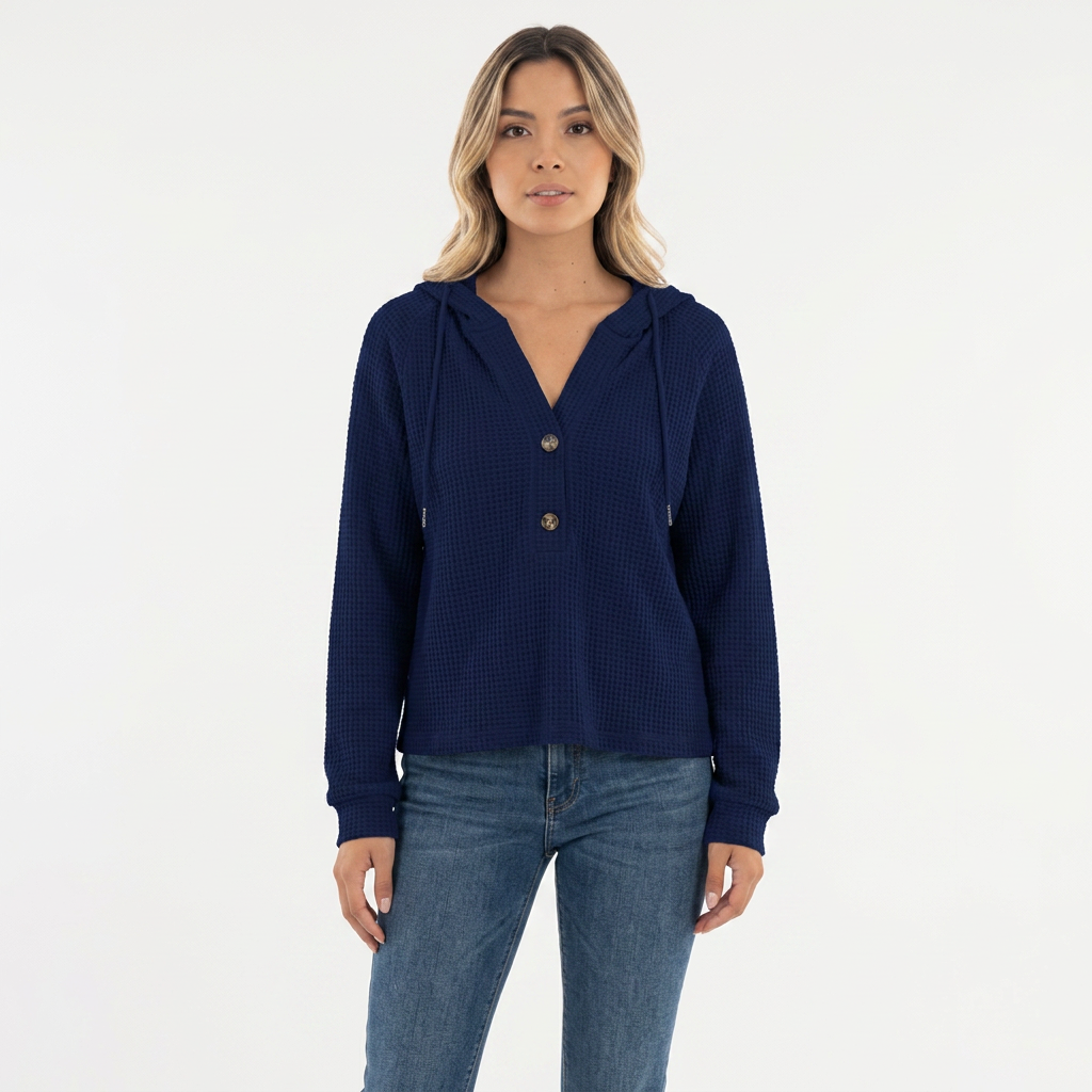 Jersey Corto de Punto Texturizado con Capucha y Botones - Azul marino