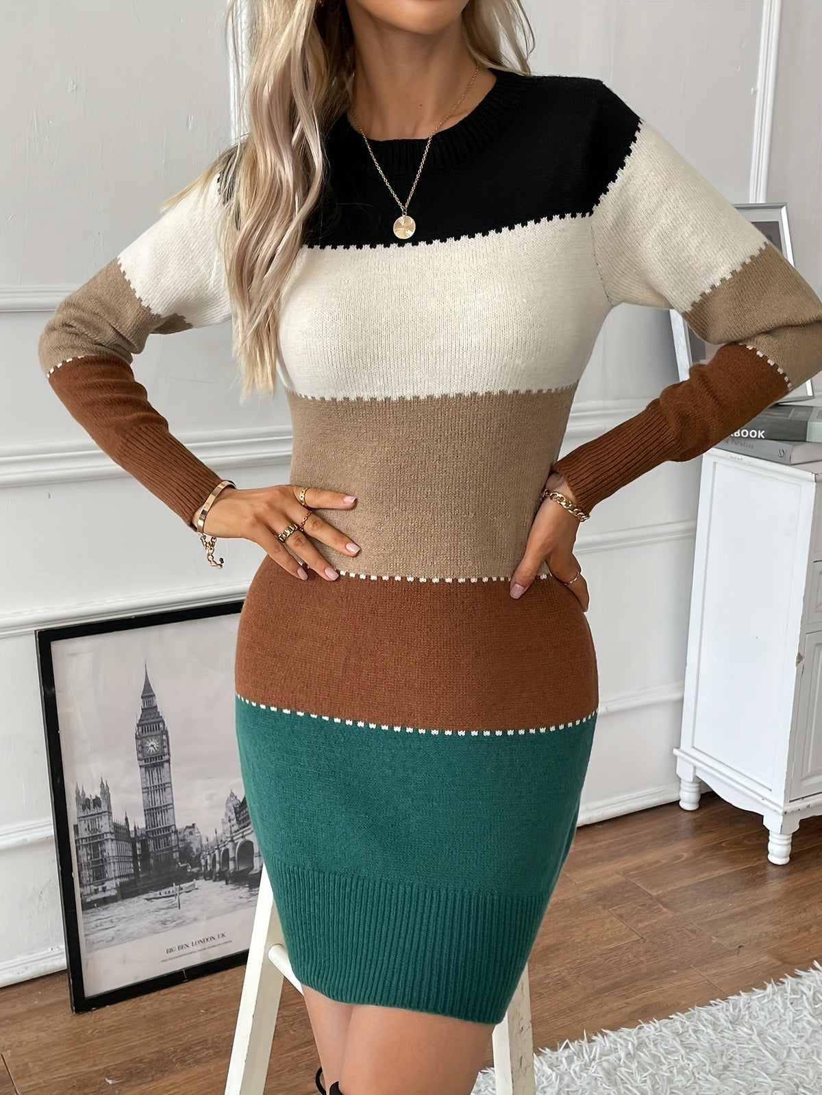 Natalia | Vestido de Punto Ceñido con Bloques de Color y Cuello Redondo - Verde
