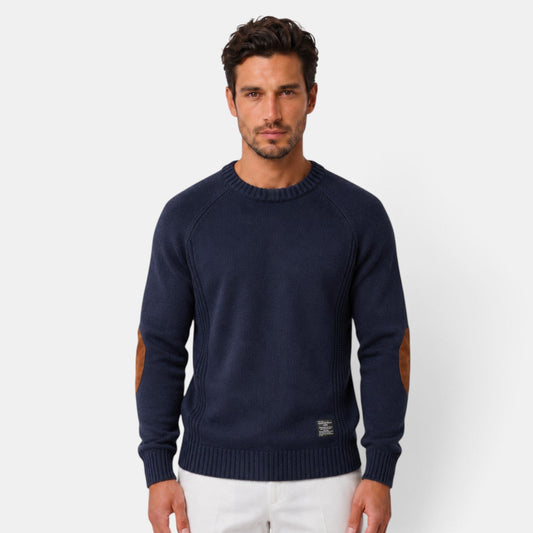 Nazario | Jersey Slim de Cuello Redondo con Coderas Efecto Ante para Hombre - Azul Marino