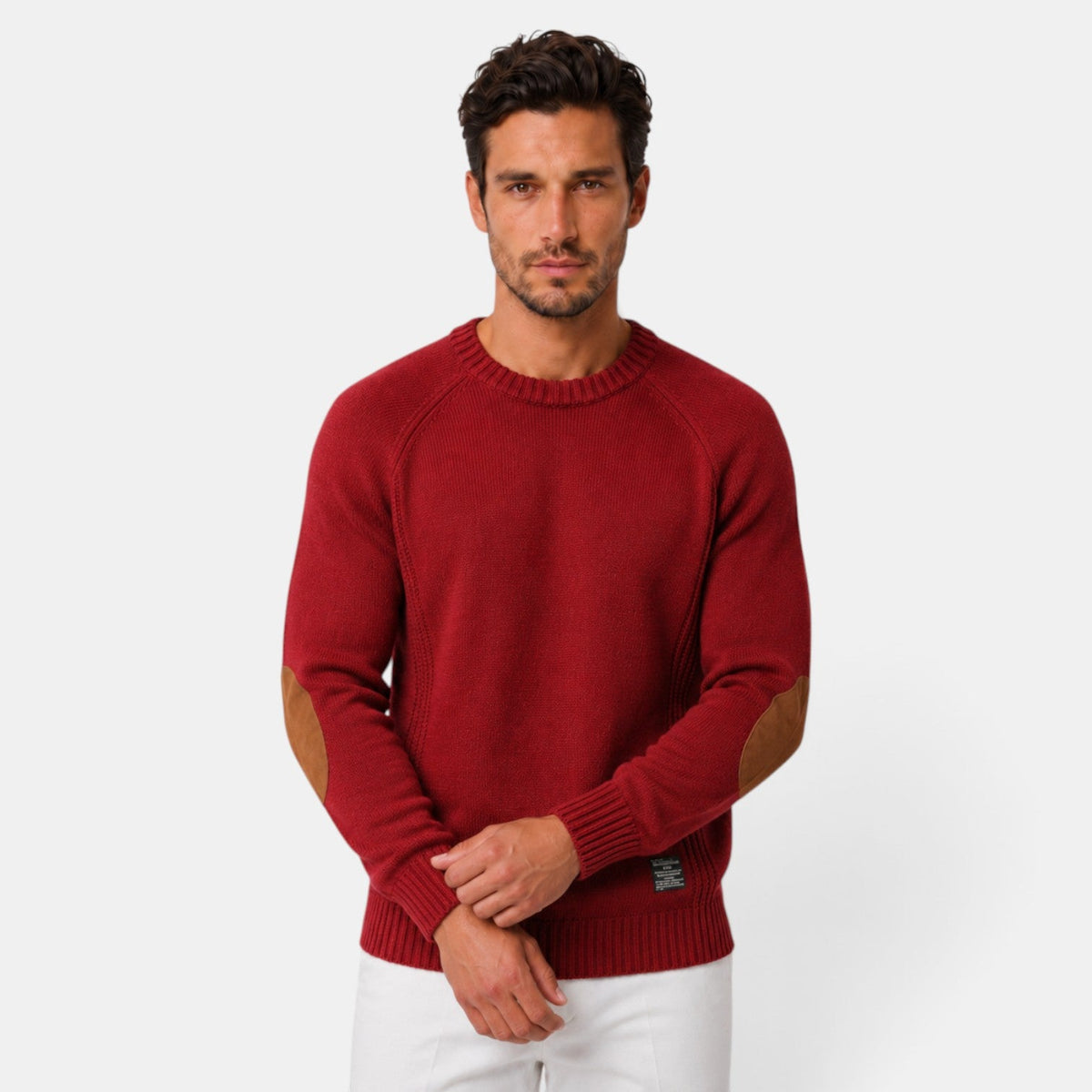 Nazario | Jersey Slim de Cuello Redondo con Coderas Efecto Ante para Hombre - Rojo