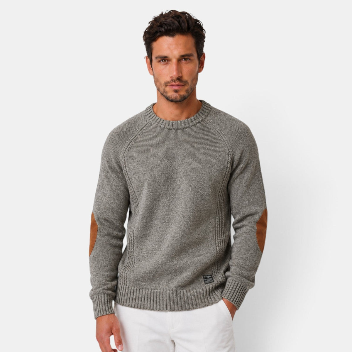 Nazario | Jersey Slim de Cuello Redondo con Coderas Efecto Ante para Hombre - Gris
