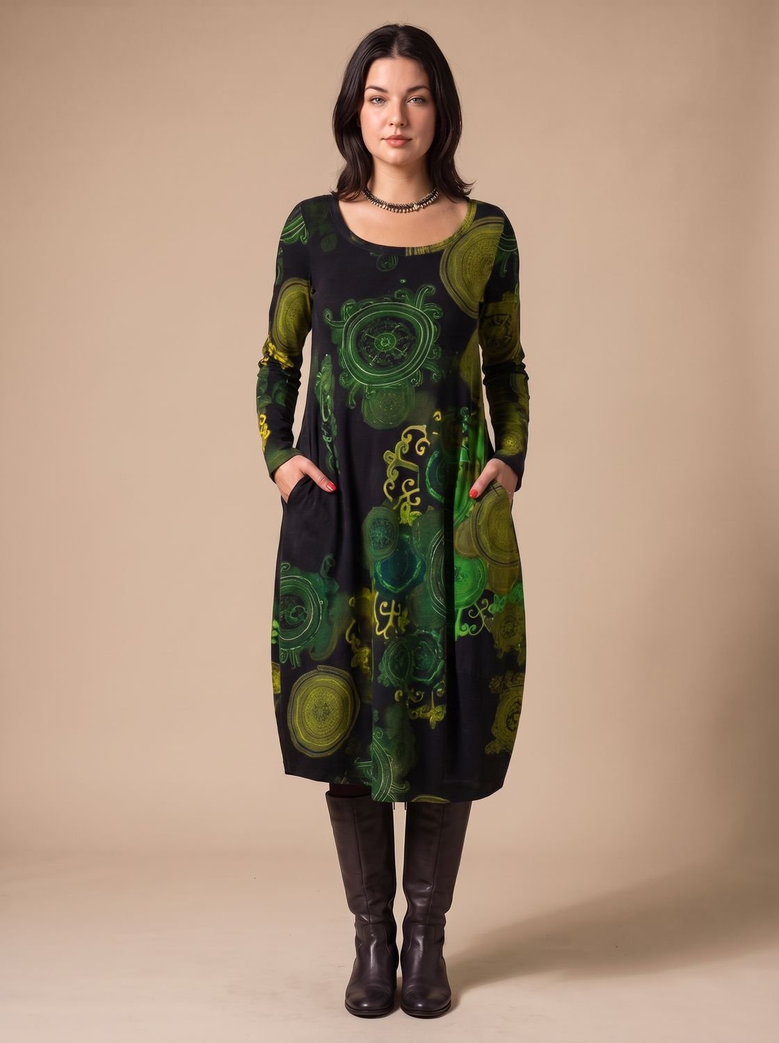 Nélida | Vestido Midi Estampado de Manga Larga con Bolsillos y Corte Amplio - Verde