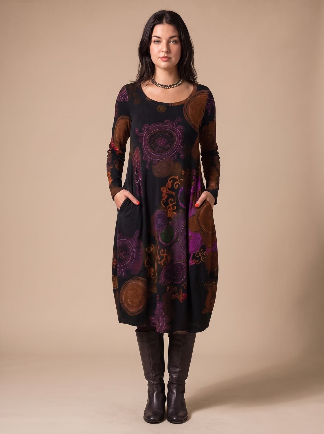 Nélida | Vestido Midi Estampado de Manga Larga con Bolsillos y Corte Amplio - Morado