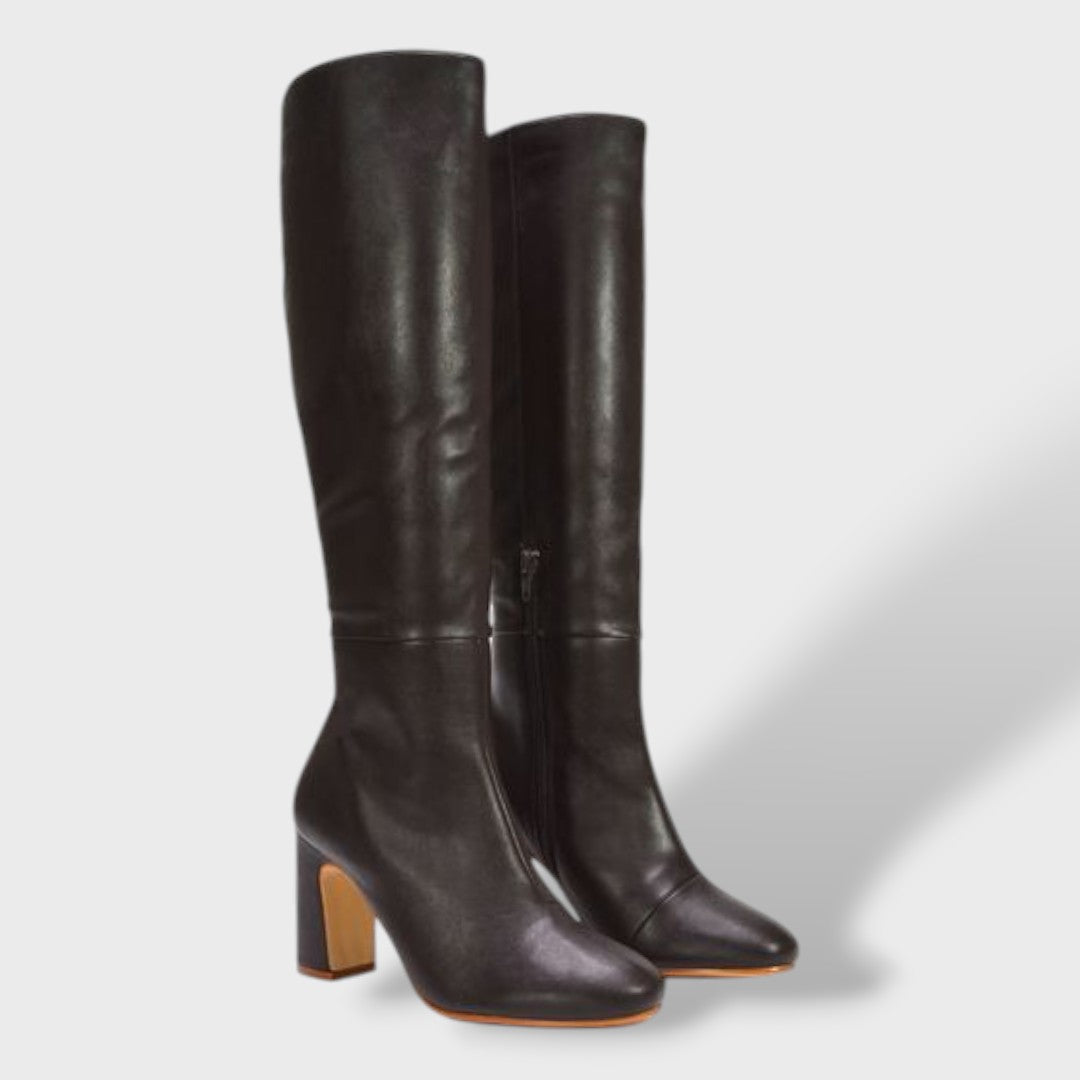 Botas Altas de Tacón Ancho con Cremallera Interior - Marrón oscuro