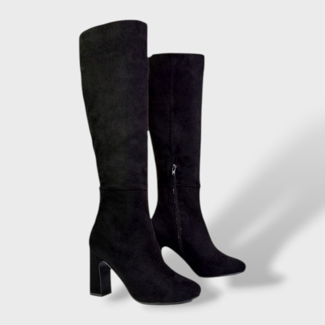 Botas Altas de Tacón Ancho con Cremallera Interior - Negro efecto ante