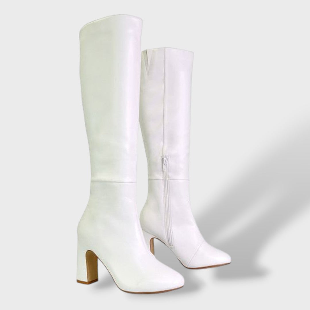 Botas Altas de Tacón Ancho con Cremallera Interior - Blanco