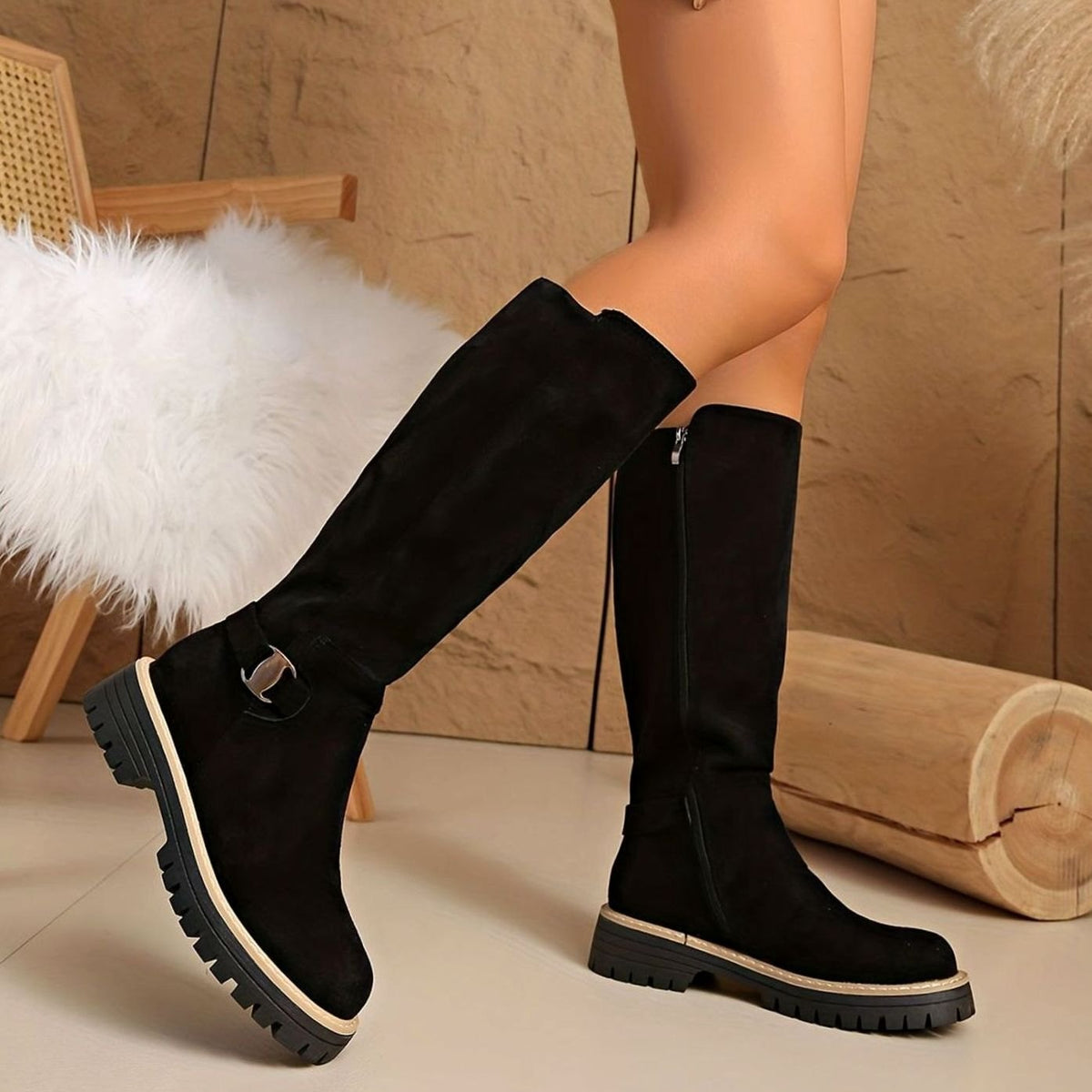 Obdulia | Botas Altas Efecto Ante con Hebilla y Suela Dentada - Negro