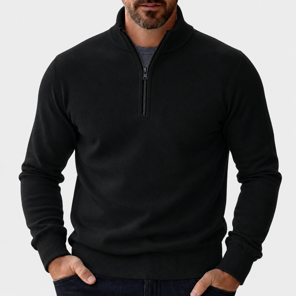 Octavio | Jersey de Punto Fino con Media Cremallera para Hombre - Negro