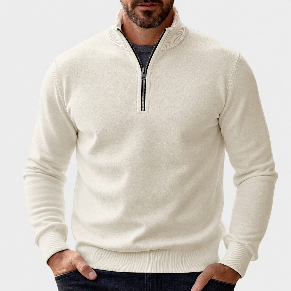 Octavio | Jersey de Punto Fino con Media Cremallera para Hombre - Beige