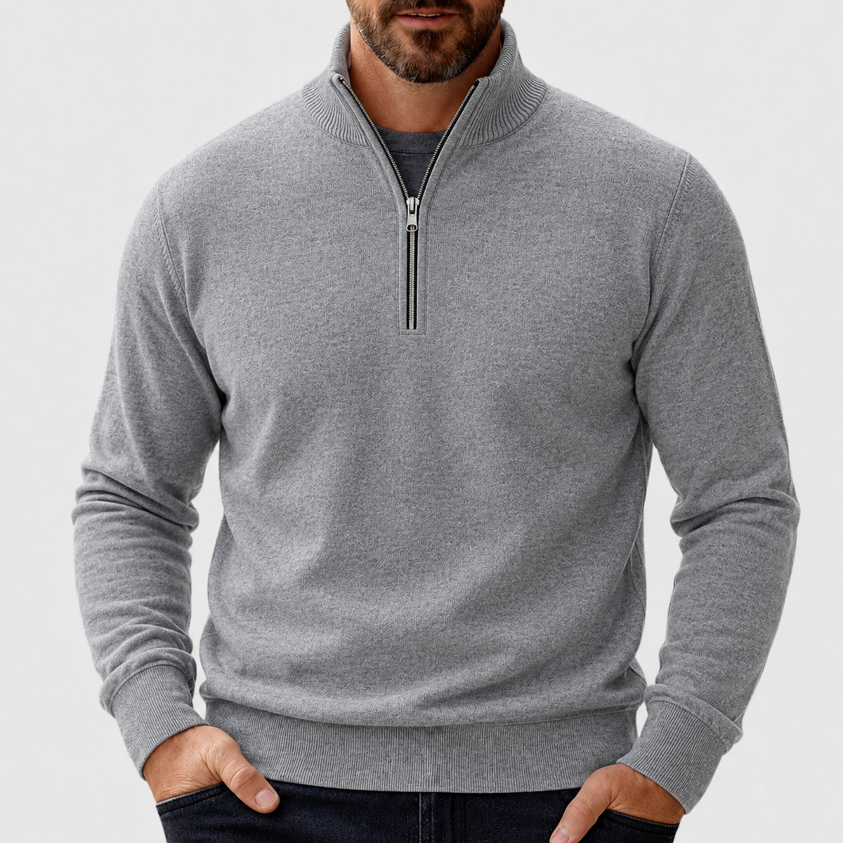 Octavio | Jersey de Punto Fino con Media Cremallera para Hombre - Gris oscuro