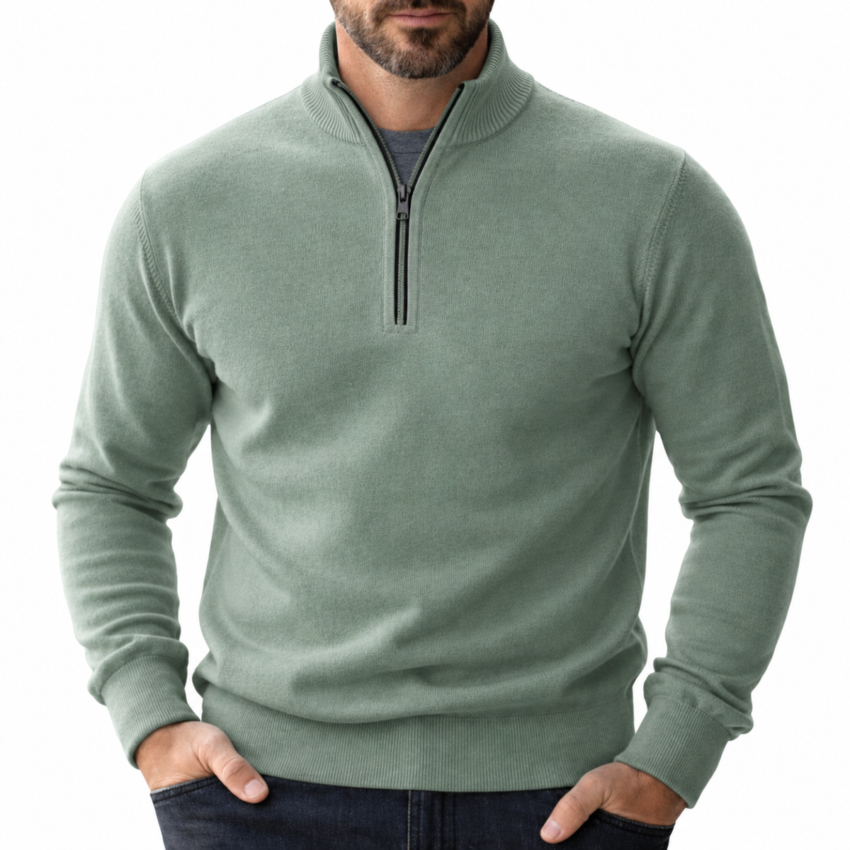 Octavio | Jersey de Punto Fino con Media Cremallera para Hombre - Verde