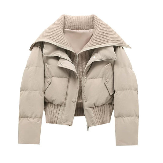 Chaqueta Acolchada Corta con Cuello de Punto Acanalado - Beige