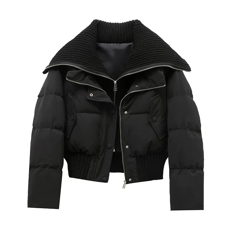 Chaqueta Acolchada Corta con Cuello de Punto Acanalado - Negro