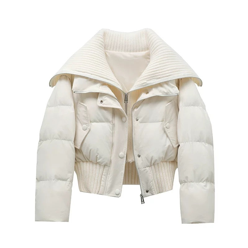 Chaqueta Acolchada Corta con Cuello de Punto Acanalado - Champán