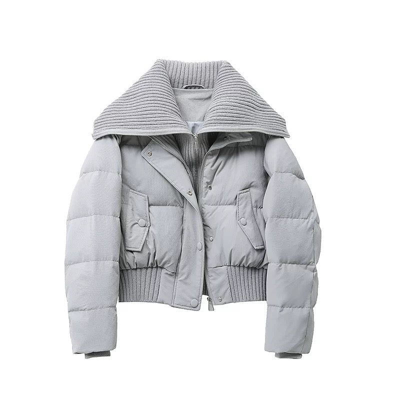 Chaqueta Acolchada Corta con Cuello de Punto Acanalado - Gris