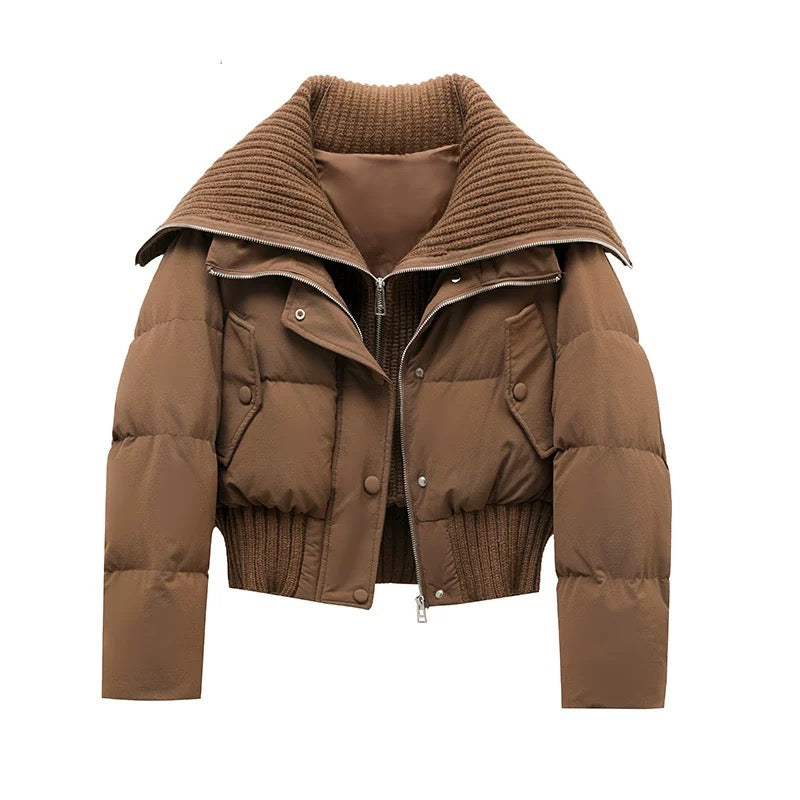 Chaqueta Acolchada Corta con Cuello de Punto Acanalado - Marrón