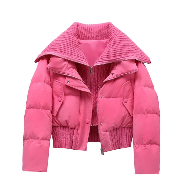 Chaqueta Acolchada Corta con Cuello de Punto Acanalado - Rosa