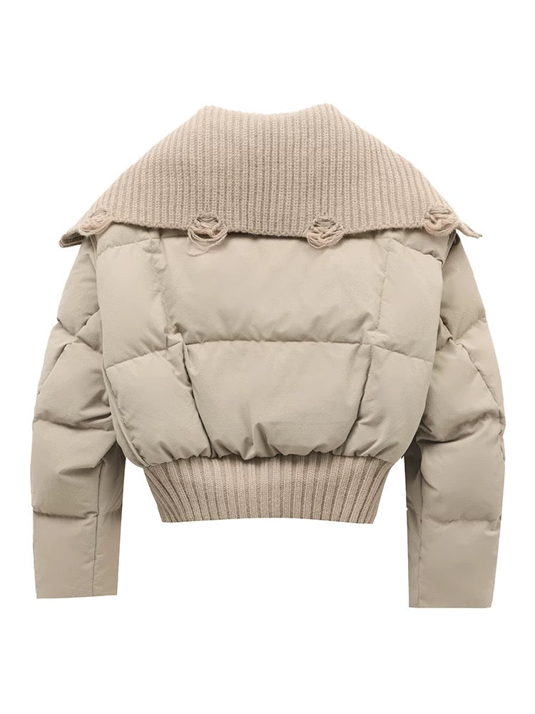 Chaqueta Acolchada Corta con Cuello de Punto Acanalado
