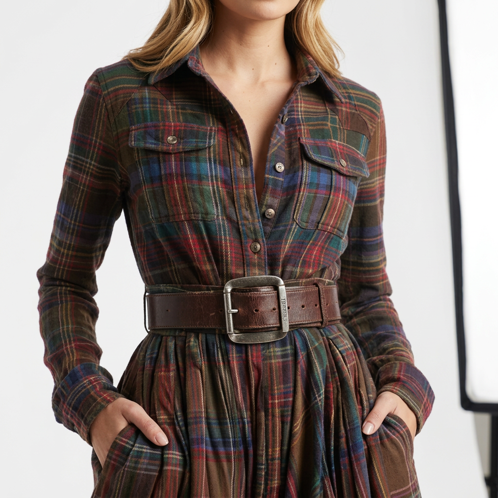 Vestido Camisero Largo de Cuadros con Manga Larga y Bolsillos