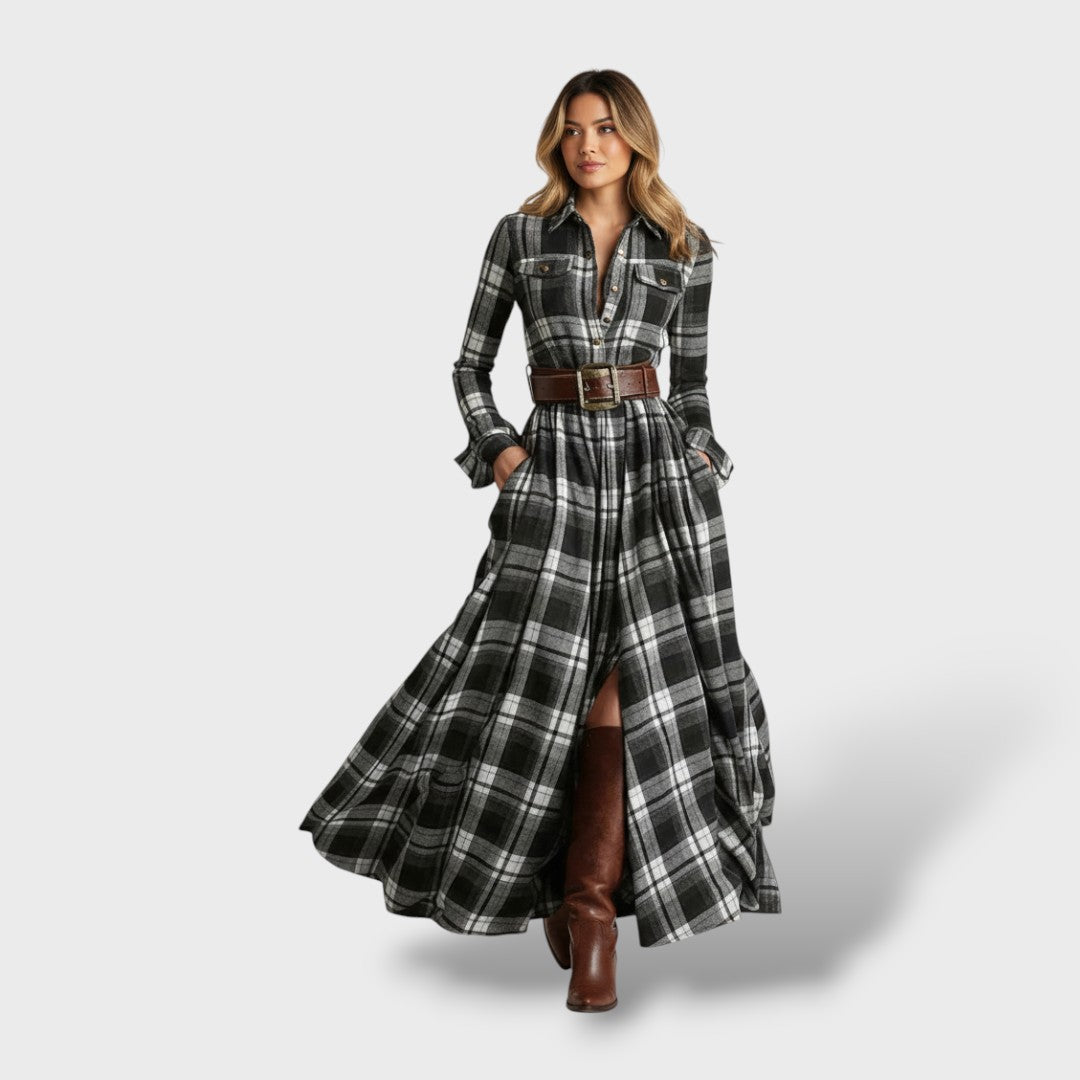 Vestido Camisero Largo de Cuadros con Manga Larga y Bolsillos - Negro