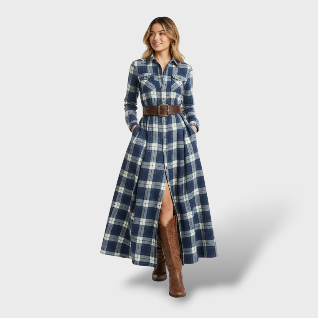 Vestido Camisero Largo de Cuadros con Manga Larga y Bolsillos - Azul